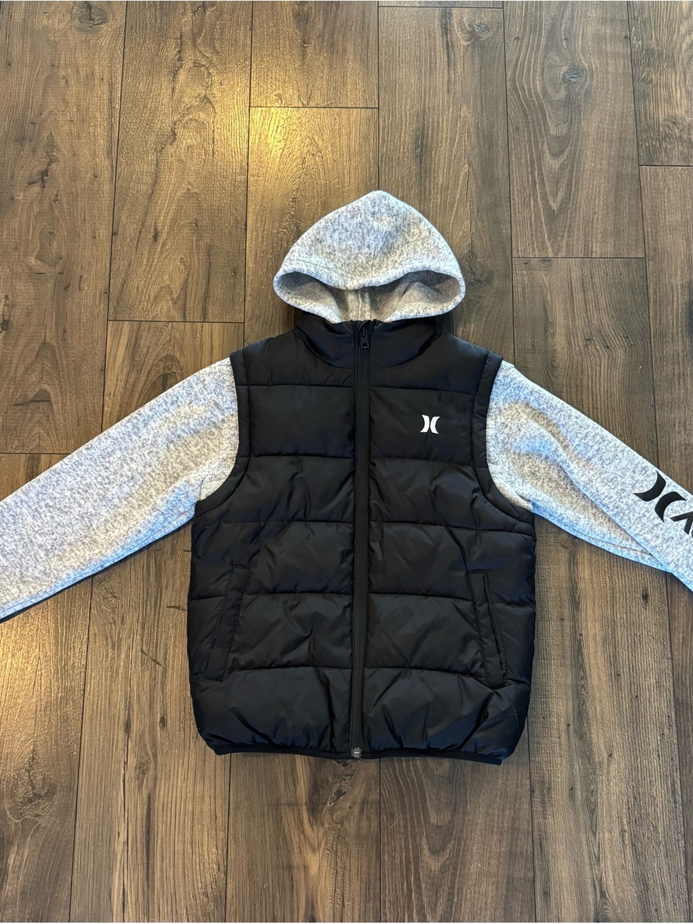 Hurley Black Quilted Vest with Heather Gray Hoodie Sleeves